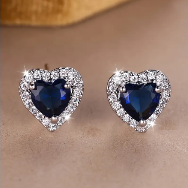 Silver Gem Encrusted Blue Jewel Heart Shaped Earrings